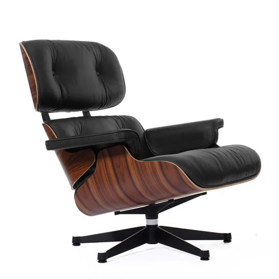 Кресло с оттоманкой Eames Lounge, черная кожа, палисандр