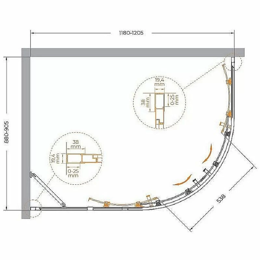 Душевой уголок Cezares Molveno 90x120 RH-2-120/90-C-BORO-IV стекло прозрачное/профиль золото брашированное