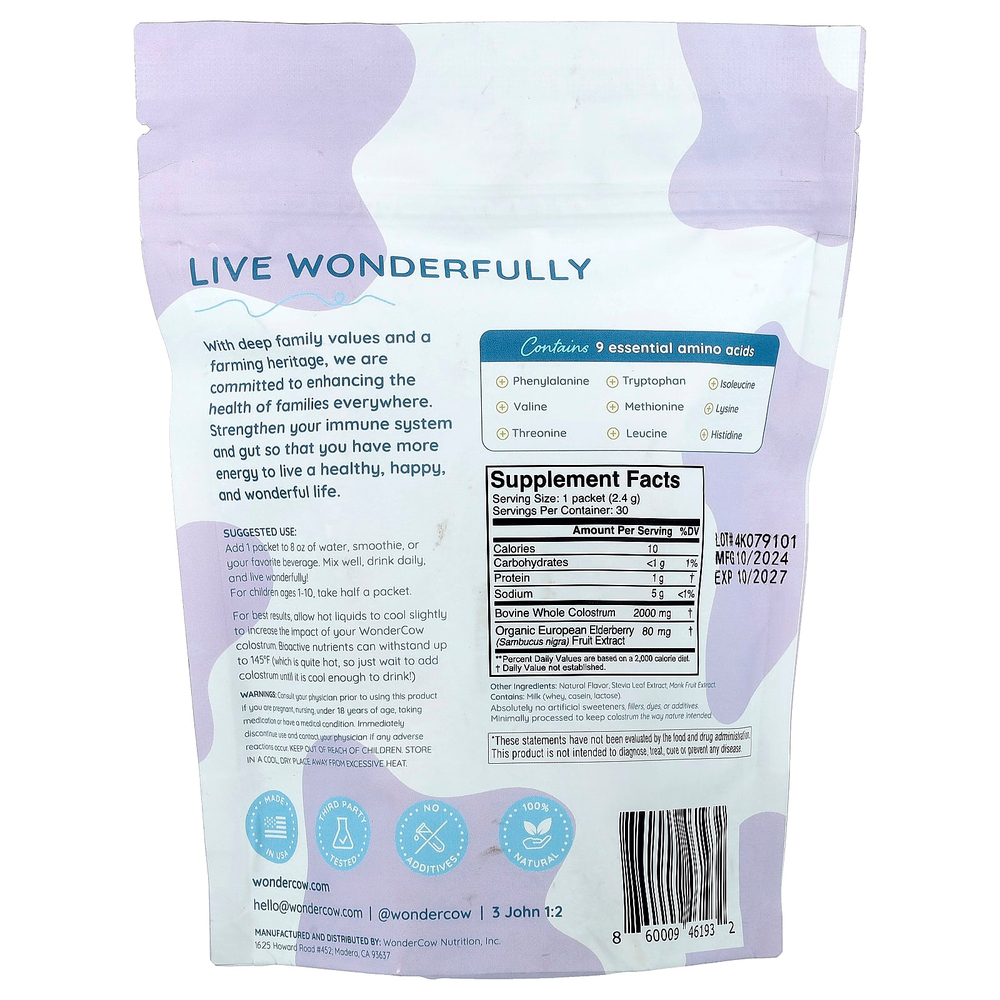 Wondercow, Молозиво в порошке, бузина, 30 пакетиков по 2,4 г (0,08 унции)