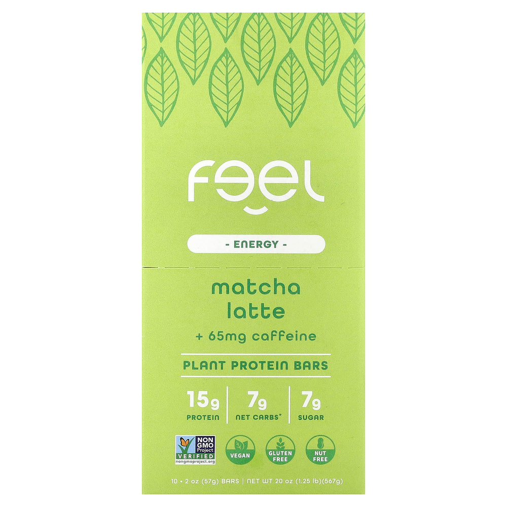 The Feel Bar, Energy, батончики с растительными протеинами, латте с матча и кофеином, 10 батончиков по 57 г (2 унции)