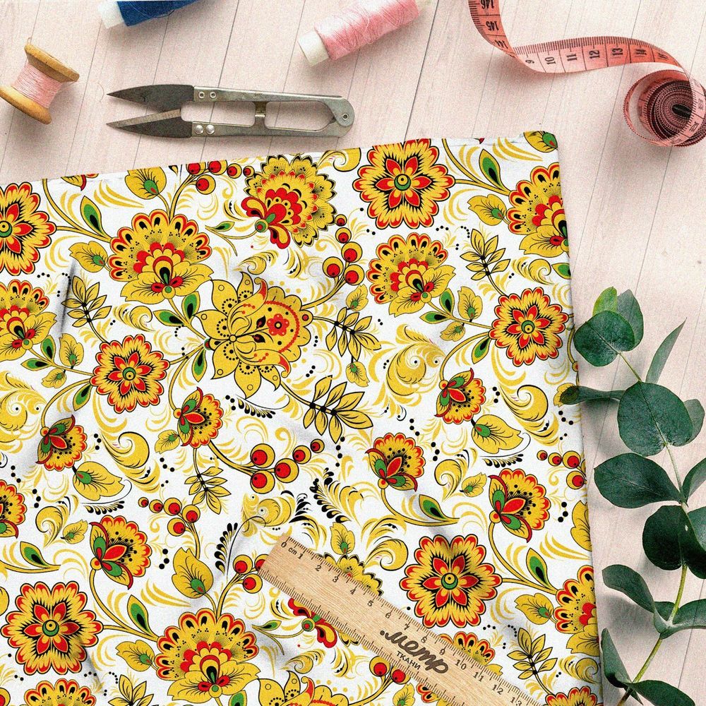 Ткань шифон белая хохлома