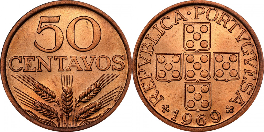 Португалия 50 сентаво, 1969-1979 Герб XF