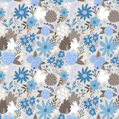 Цветочный принт в голубой гамме с зайцами