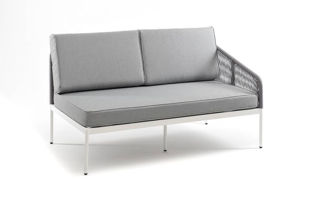 "Канны" левый модуль плетеный из роупа, каркас алюминий белый шагрень, роуп светло-серый круглый, ткань светло-серая