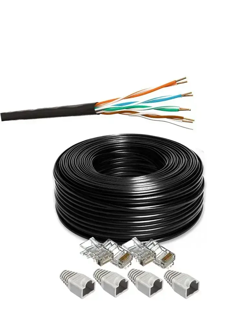 Комплект: Интернет кабель уличный витая пара UTP4 cat.5e, одножильный с коннектором rj45 и колпачками rj45 внешний для наружной прокладки 30 метров