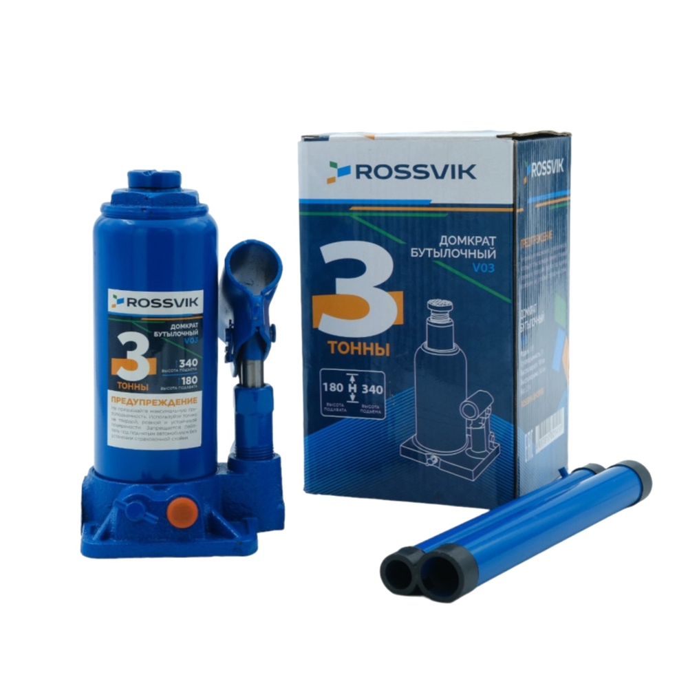 Домкрат бутылочный ROSSVIK V03, г/п 3,0 т, 180-340 мм, синий