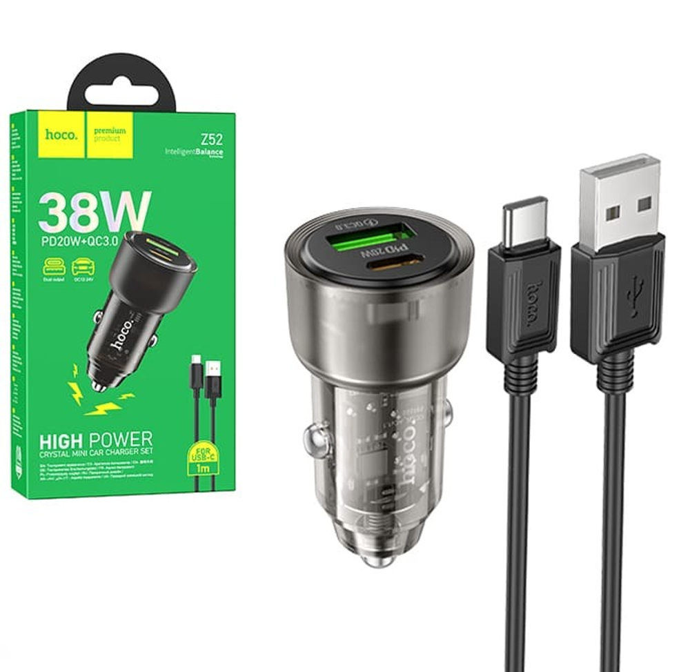 Автомобильный адаптер питания HOCO Z52 QC 3.0+PD 38W + кабель Type-C (черный)