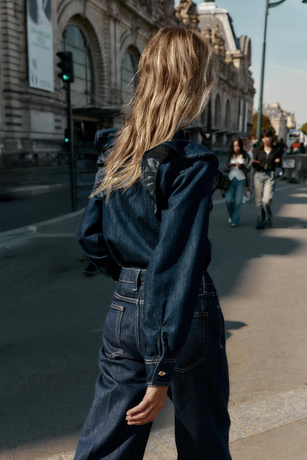 ZARA ДЖИНСОВАЯ РУБАШКА Z1975 С ВОЛАНАМИ, СИНИЙ