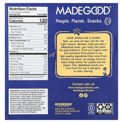 MadeGood, Mornings™, органические запеченные овсяные батончики, со вкусом голубики, 5 батончиков по 30 г (1,06 унции)