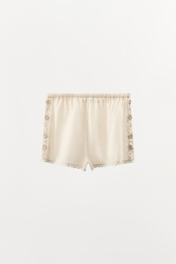 ZARA ВЫШИТЫЕ ШОРТЫ С БИСЕРОМ LIMITED EDITION, ЖЕЛТОВАТО-БЕЛЫЙ