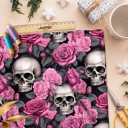 Ткань Ниагара Софт мрачные черепа на фоне роз