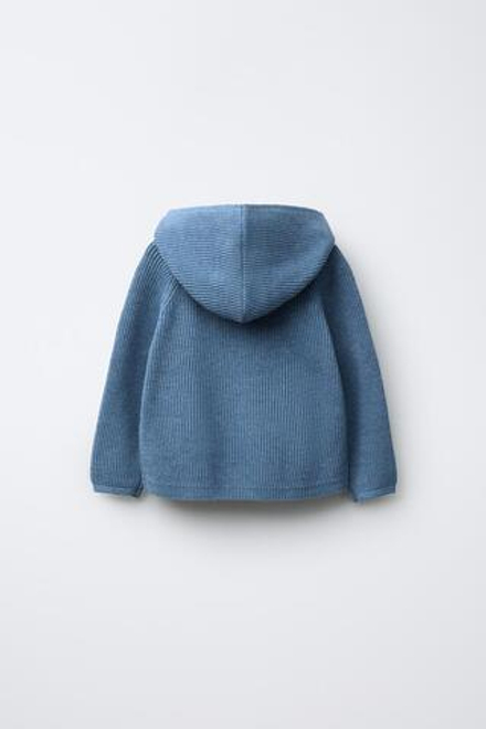 ZARA ТРИКОТАЖНЫЙ ДЖЕМПЕР С КАПЮШОНОМ И КАРМАНОМ, СИНИЙ