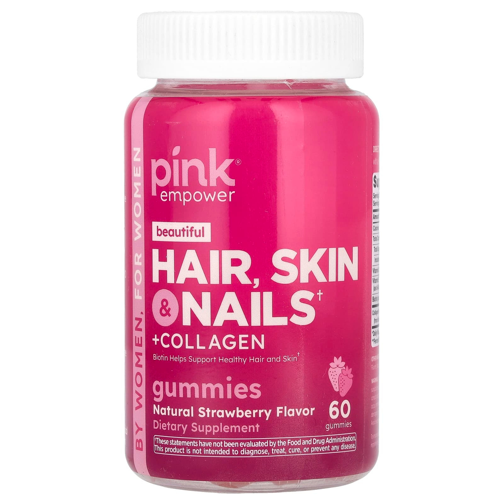 Pink, Beautiful, для волос, кожи и ногтей + коллаген, натуральная клубника, 60 жевательных таблеток