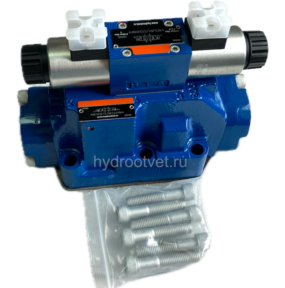 4WEH22E7X/6EG24N9K4 - Гидрораспределитель с электроуправлением Ду25 схема E (44), напряжение G24, каналы управления X и Y - внешние