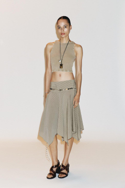 ZARA ФУТБОЛКА В РУБЧИК С ОТКРЫТОЙ СПИНОЙ, СВЕТЛЫЙ ХАКИ