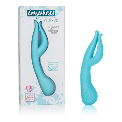 Голубой вибромассажер Impress Dual Kiss со стимуляцией клитора - 15 см. (Цвет: голубой)