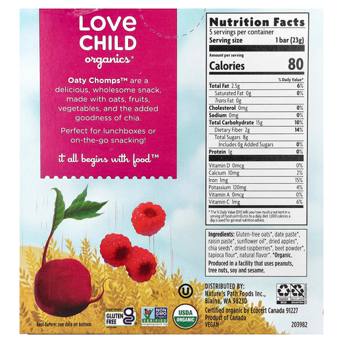 Love Child Organics, Nature's Path, органические батончики Oaty Chomps™, для детей от 12 месяцев, малина и свекла, 5 батончиков в индивидуальной упаковке, 23 г (0,8 унции)