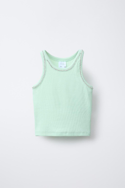 ZARA ТОП В РУБЧИК СО СТРАЗАМИ, ЗЕЛЕНЫЙ