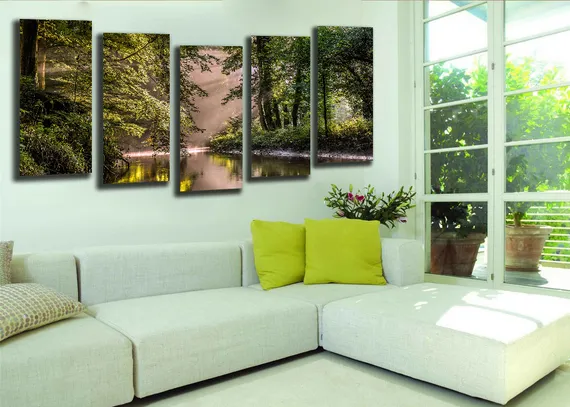 Модульная картина "Река в зеленом лесу"
