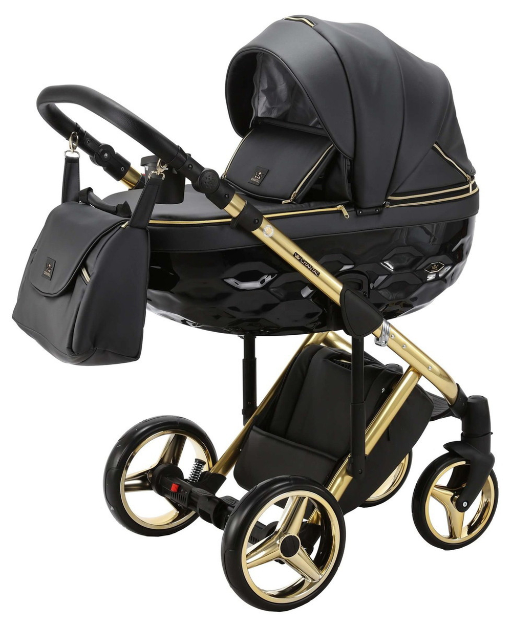 Детская коляска Adamex Chantal Special Edition Deluxe 3 в 1 C113 (ЧЕРН.ПЕРЛ.КОЖА+ЗОЛОТО РАМА)