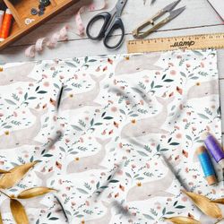 Ткань саржа пыльные киты и листва на белом фоне