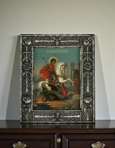 Георгий Победоносец святой великомученик. Чудо Георгия о змие. Деревянная икона на левкасе