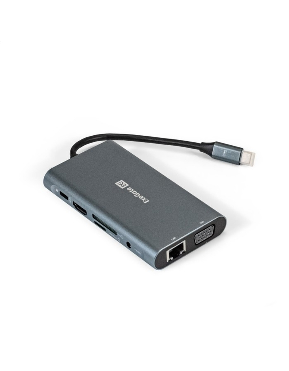 Exegate EX293985RUS Док-станция ExeGate DUB-31C/MAX (кабель-адаптер USB Type-C --&gt; 3xUSB3.0 + Card Reader + PD 100W + HDMI 4K@30Hz + VGA + Audio + Lan RJ45 10/100/1000Mb, Plug&Play, серый)