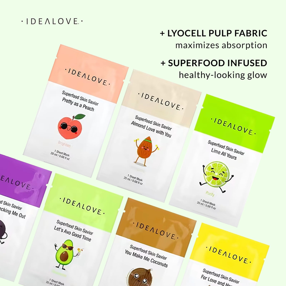 Idealove, Superfood Skin Savior, маски с суперфудами, ассорти из 7 шт. по 20 мл (0,68 жидк. унции)