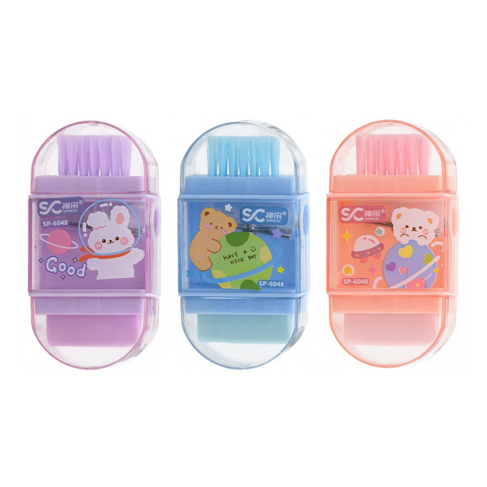 Точилка с ластиком Basir, одинарная, с щёточкой, серия "Животные", 4 цвета корпуса, 7.8 см