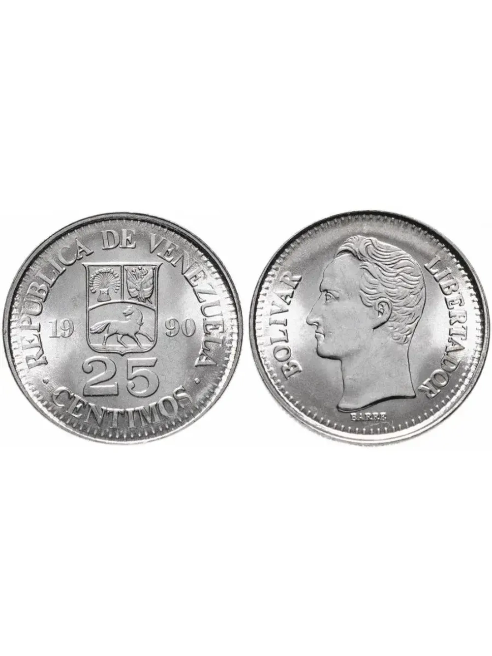 Венесуэла 25 сентимо, 1989 - 1990 Симон Боливар XF