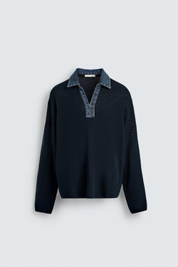 ZARA ТРИКОТАЖНОЕ ПОЛО С КОМБИНИРОВАННЫМ ДЖИНСОВЫМ ВОРОТНИКОМ, МОРСКОЙ СИНИЙ