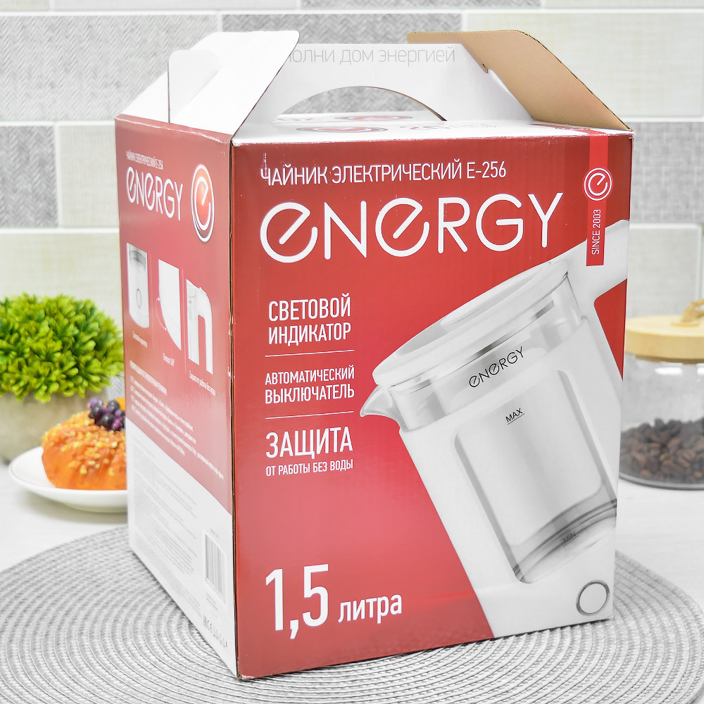 Чайник электрический 1,5л ENERGY E-256, стекло, белый