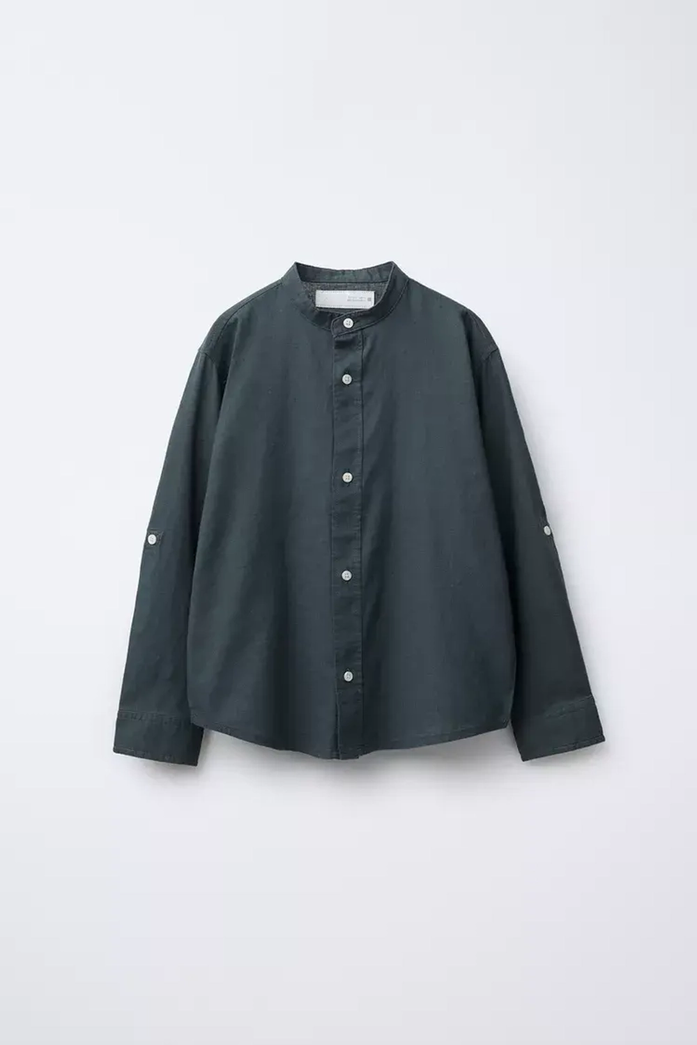 ZARA РУБАШКА ИЗ СМЕСОВОЙ ЛЬНЯНОЙ ТКАНИ С ВОРОТНИКОМ-СТОЙКОЙ, ТЕМНО-СЕРЫЙ