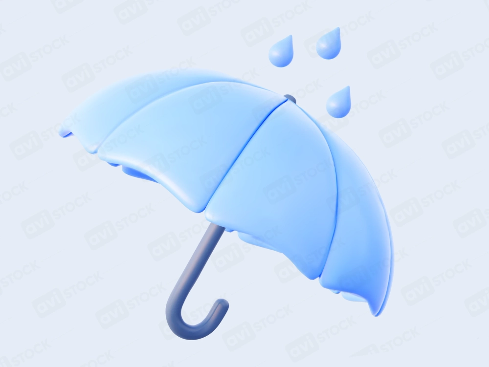 Premium 3D umbrella icon with raindrops in blue color for weather and rain concept PNG