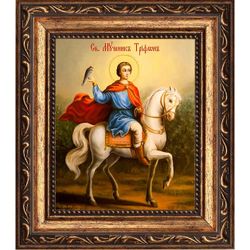 Святой Трифон Апамейский на коне. Икона на холсте. В раме 10 х 12 см.