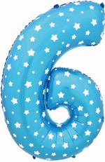 Шар (40"/102 см) Цифра, 6, Звездочки, Голубой, в упаковке 1 шт.