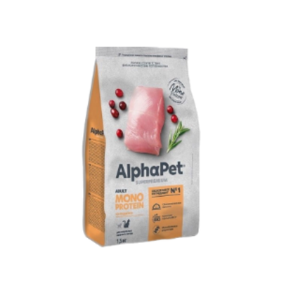 Корм для кошек премиум сухой AlphaPet Superpremium Monoprotein для взрослых животных, с индейкой, 1,5 кг
