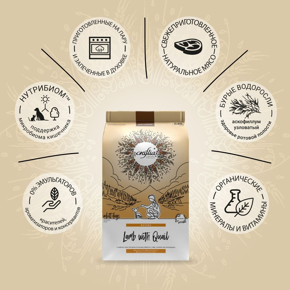 Сухой корм CRAFTIA NATURA для взрослых собак миниатюрных и мелких пород из ягненка с перепелкой 640г