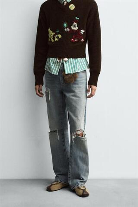 ZARA HARRY LAMBERT X DISNEY РАСКЛЕШЕННЫЕ ДЖИНСЫ С РАЗРЕЗАМИ, СИНИЙ