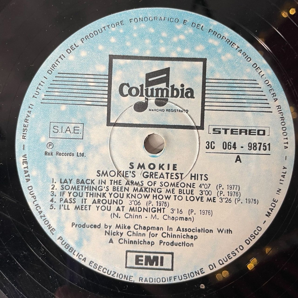 Винтажная виниловая пластинка LP Smokie Greatest Hits (Italy 1977) I'll Meet You At Midnight