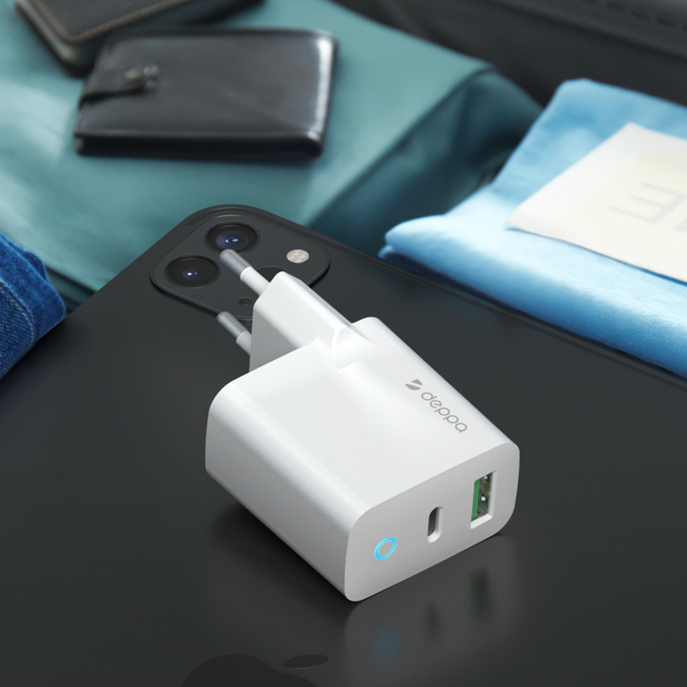 Сетевое зарядное устройство USB-C + USB A, PD 3.0, QC 3.0, 20W, дата-кабель USB-C - Lightning (MFI), 1.2м, белый