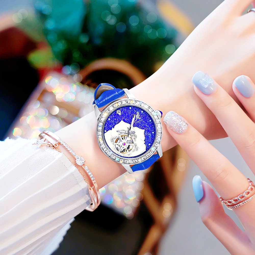 KANGOL Automatic Mechanical Movement Genuine Leather Strap Watch Women"s Watch Blue Dial