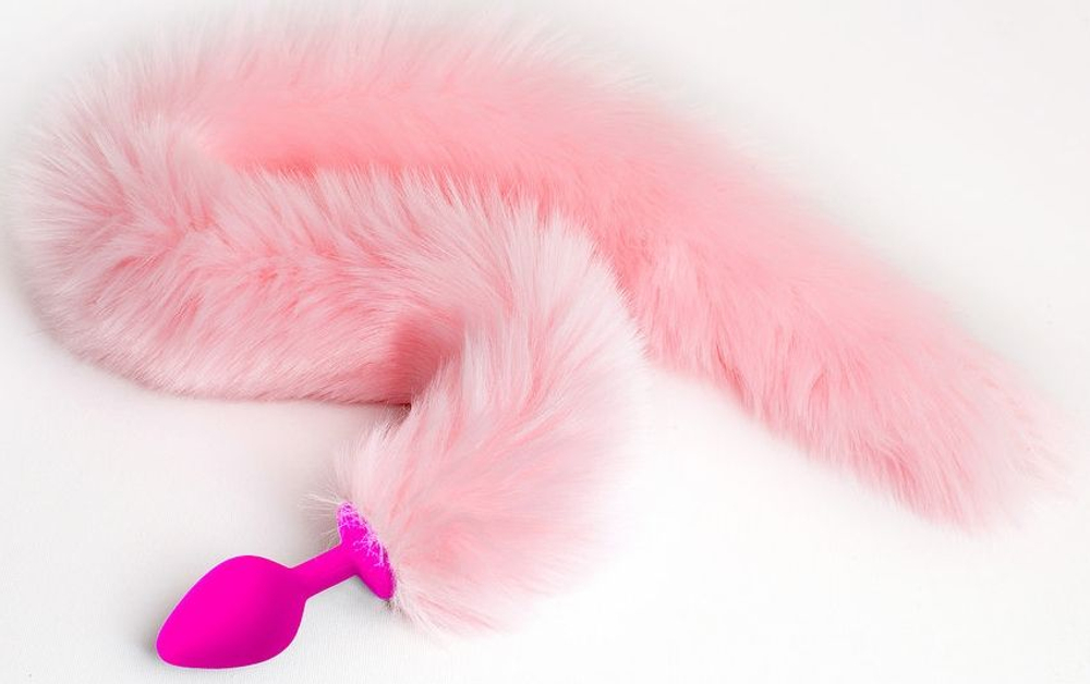 Розовая силиконовая анальная пробка с розовым хвостиком - размер M (Цвет: розовый)