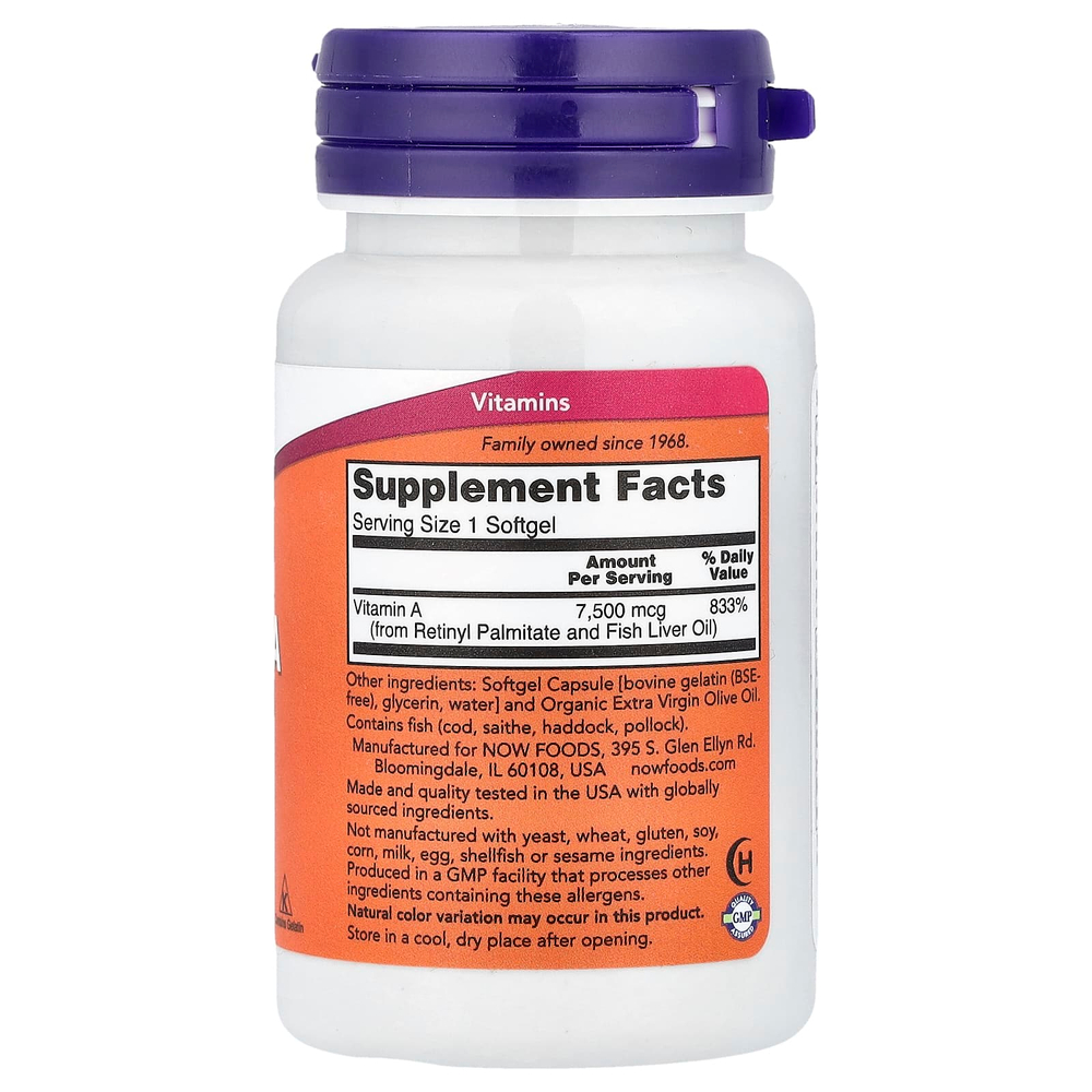 NOW Foods, Витамин A, 7500 мкг (25000 МЕ), 100 мягких таблеток