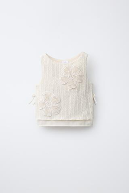 ZARA ТОП ИЗ КРУЖЕВА КРОШЕ С ЦВЕТАМИ, ЭКРЮ