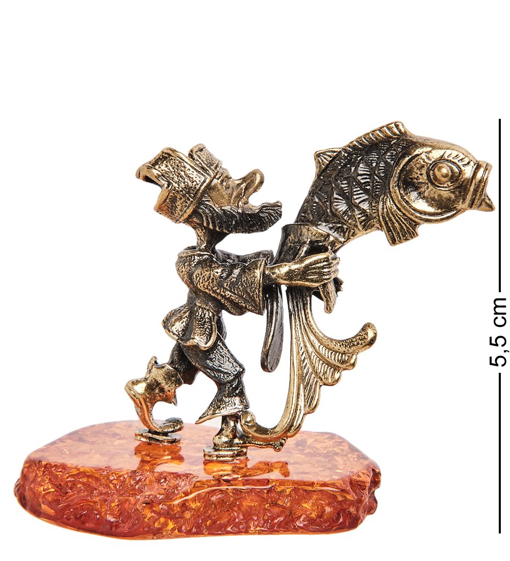 Народные промыслы AM-1378 Фигурка «Рыбак с рыбой» (латунь, янтарь)