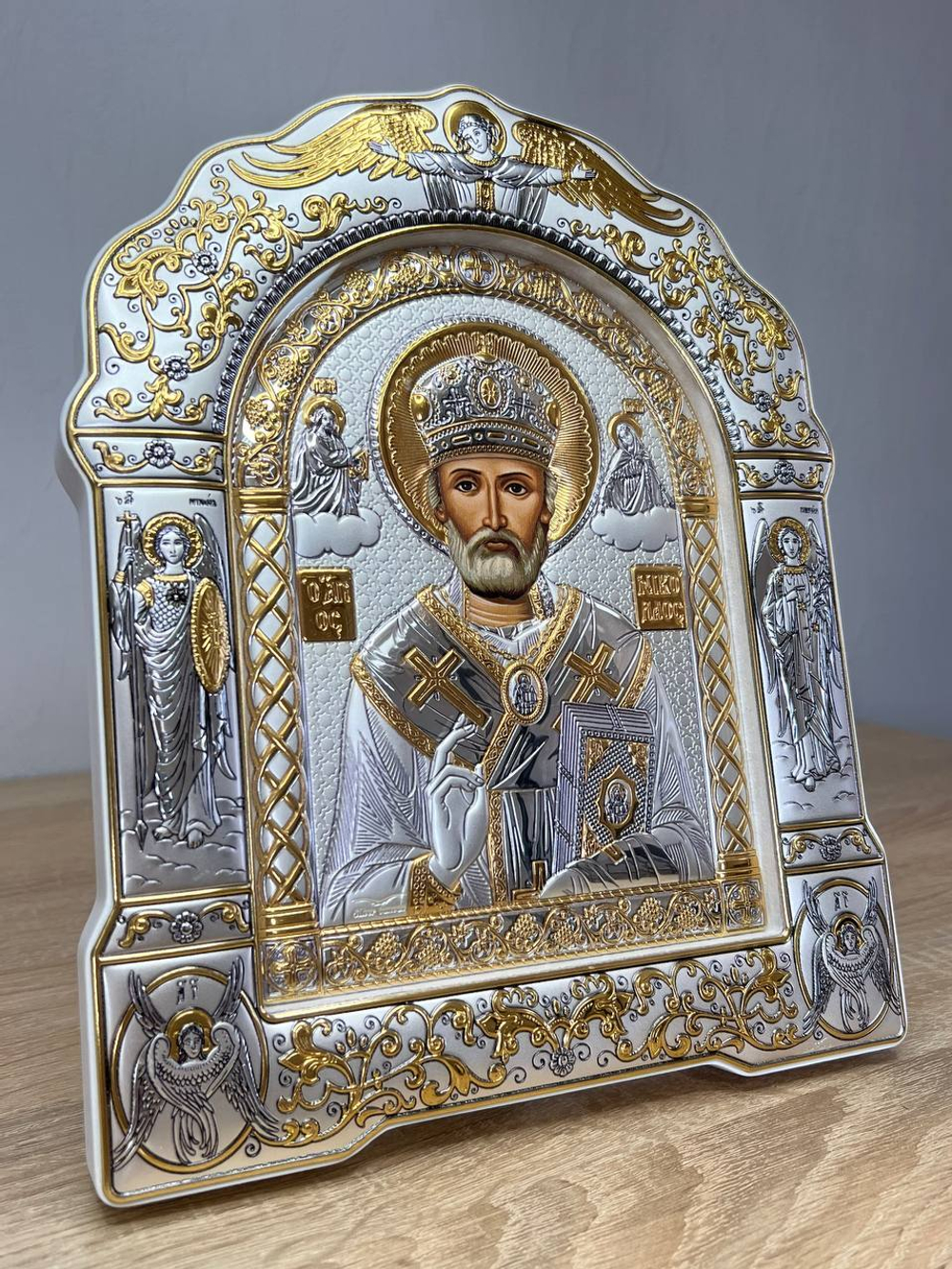 Николай Чудотворец, икона арочная с рамкой под стеклом, белое дерево 206х270