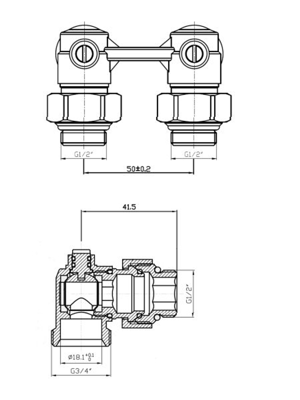 Узел нижнего подключения Royal Thermo угловой 1/2х3/4 ЕК (RTE 07.00002)