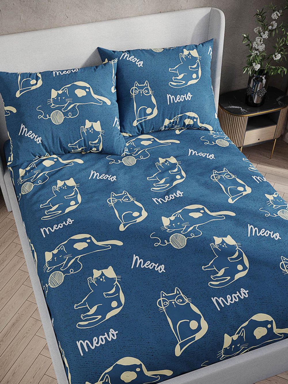 Постельное белье поплин Сказка "Meow" 1,5-сп Наволочка 50x70 см 1 шт Простынь на резинке 90x200 см Пододеяльник 145x215 см