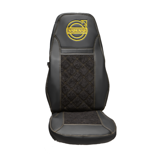 Чехлы VOLVO FH-12 после 2003 года: два высоких сиденья, ремни из сиденья (есть вырезы под ремень) (экокожа, черный, желтая вставка)